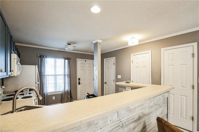 kitchen with crown molding, sink, and ornate columns