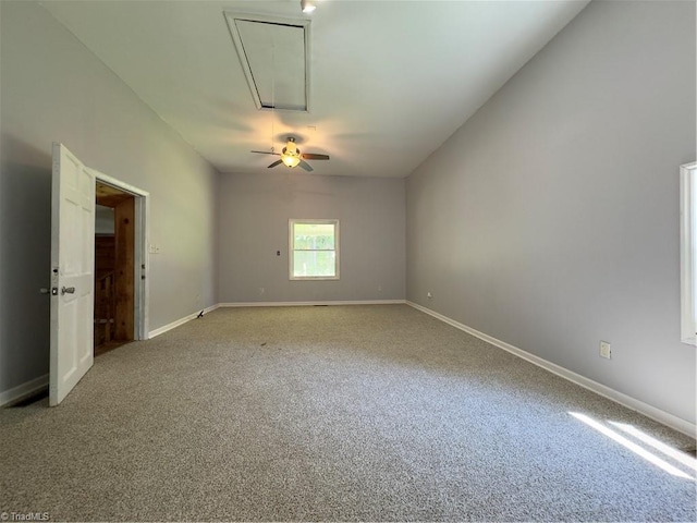 empty room with carpet floors and ceiling fan