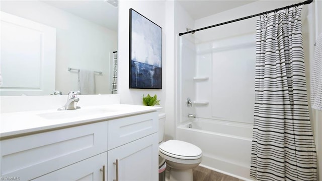 full bathroom featuring wood-type flooring, vanity, toilet, and shower / bathtub combination with curtain