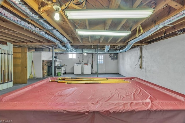 basement featuring electric panel and washer and dryer