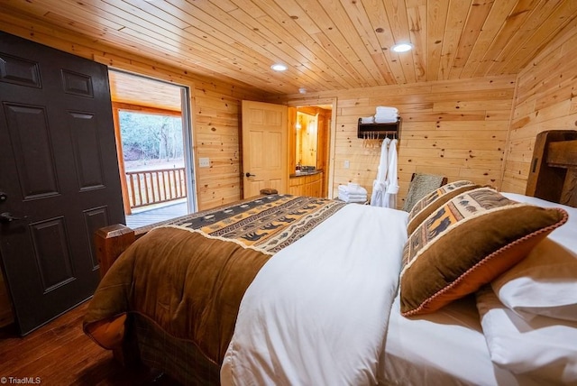 bedroom with wood ceiling, wood finished floors, access to outside, wood walls, and recessed lighting