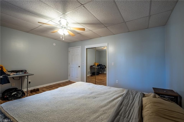 bedroom with wood finished floors, a ceiling fan, a closet, and a drop ceiling