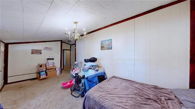 carpeted bedroom featuring wood walls, lofted ceiling, a chandelier, and ornamental molding