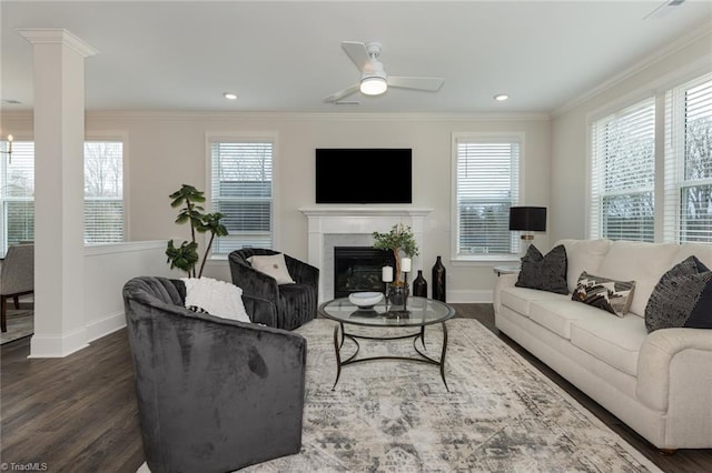 living room with ceiling fan, ornamental molding, a fireplace, ornate columns, and dark wood-style flooring