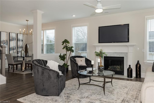 living room featuring wood finished floors, ornamental molding, a high end fireplace, and ceiling fan with notable chandelier