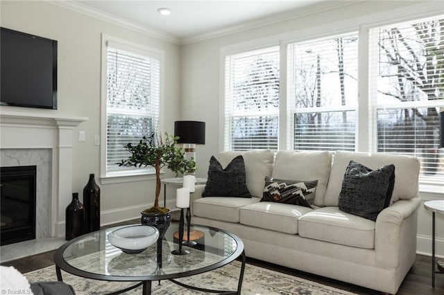 living room with a high end fireplace, baseboards, wood finished floors, and crown molding