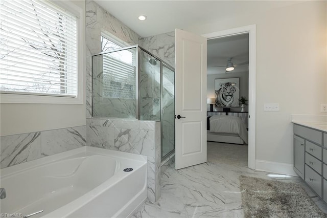 ensuite bathroom with a bath, marble finish floor, a marble finish shower, and connected bathroom