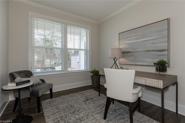 home office with crown molding, baseboards, and wood finished floors