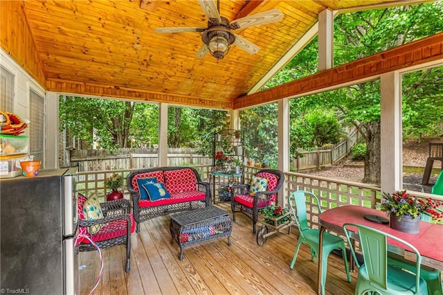 137 Bradford Place Ln, Lewisville, NC 27023 - sunroom featuring vaulted ceiling, ceiling fan, and an outdoor living space