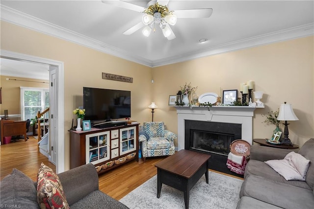 137 Bradford Place Ln, Lewisville, NC 27023 - living area with ornamental molding, wood finished floors, a fireplace, and ceiling fan