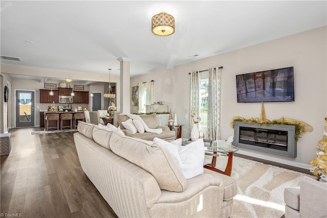 living room with dark hardwood / wood-style flooring