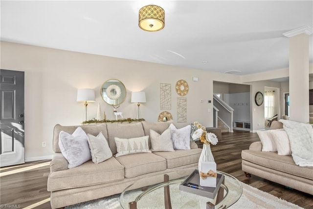 living room with dark hardwood / wood-style floors