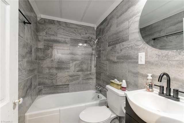 full bathroom with vanity, tiled shower / bath combo, ornamental molding, tile walls, and tasteful backsplash