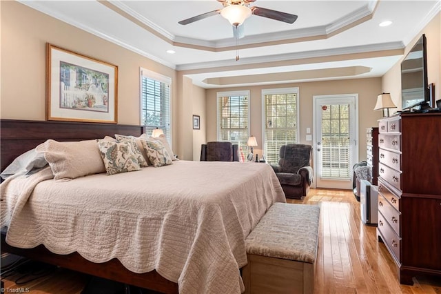 bedroom with access to outside, ornamental molding, light wood-type flooring, and ceiling fan