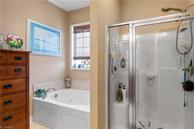 bathroom featuring separate shower and tub and tile patterned flooring