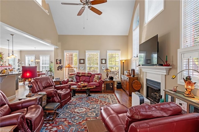 living room featuring hardwood / wood-style flooring, high vaulted ceiling, and ceiling fan