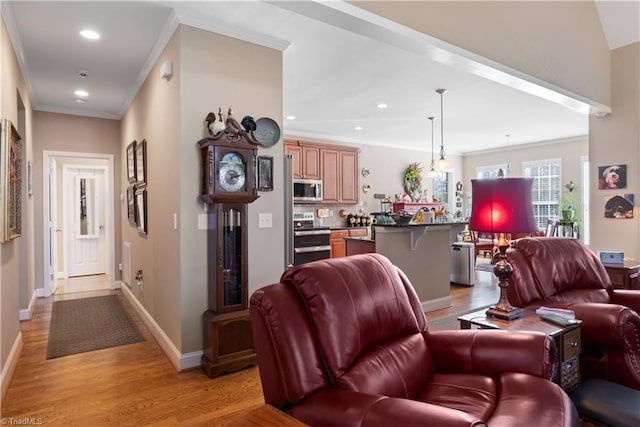 living room with ornamental molding and light hardwood / wood-style flooring