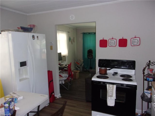 kitchen featuring ornamental molding, white appliances, and dark wood-type flooring