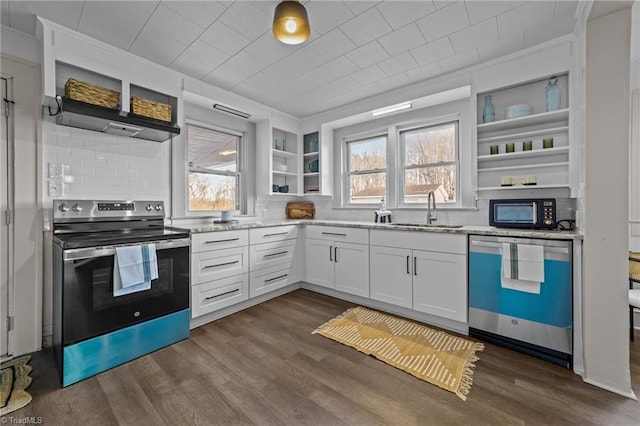 kitchen featuring dark wood-style flooring, a sink, stainless steel range with electric cooktop, dishwasher, and open shelves