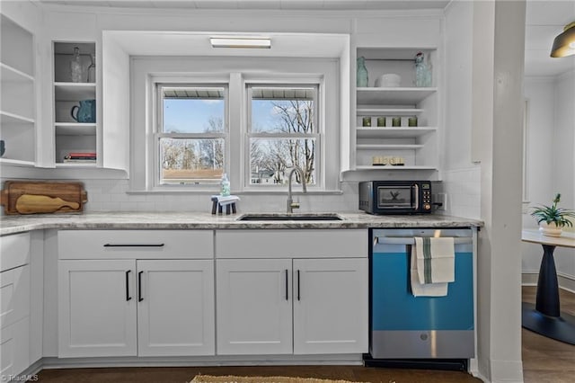 kitchen with light stone counters, a sink, stainless steel dishwasher, decorative backsplash, and open shelves