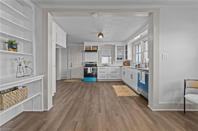 kitchen with ornamental molding, stainless steel electric range oven, dishwasher, and open shelves