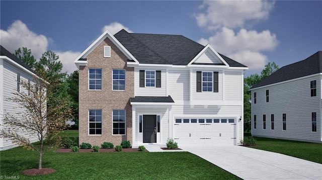 view of front facade featuring a front yard, driveway, roof with shingles, a garage, and brick siding