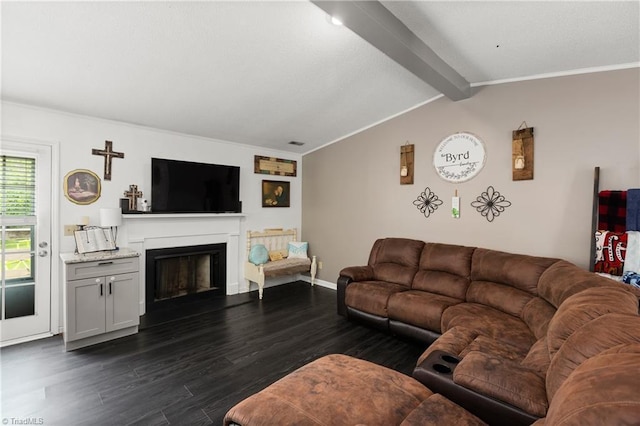 1118 Still Meadows Ln, King, NC 27021 - living area with dark wood-style floors, a fireplace with raised hearth, crown molding, and baseboards
