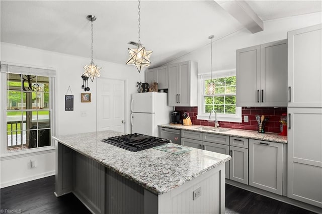 1118 Still Meadows Ln, King, NC 27021 - kitchen with a sink, freestanding refrigerator, and gray cabinets