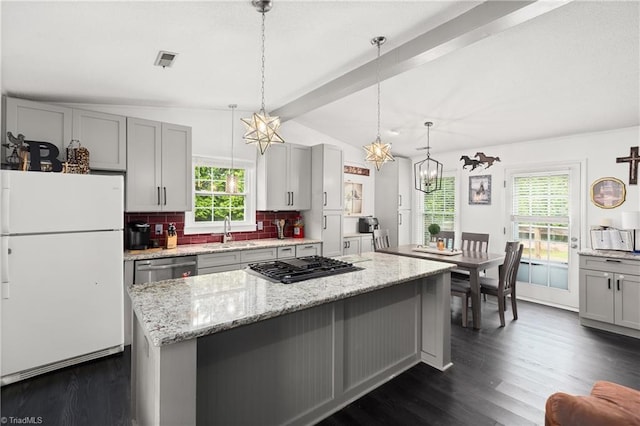 1118 Still Meadows Ln, King, NC 27021 - kitchen featuring freestanding refrigerator, a sink, dark wood finished floors, and gray cabinets