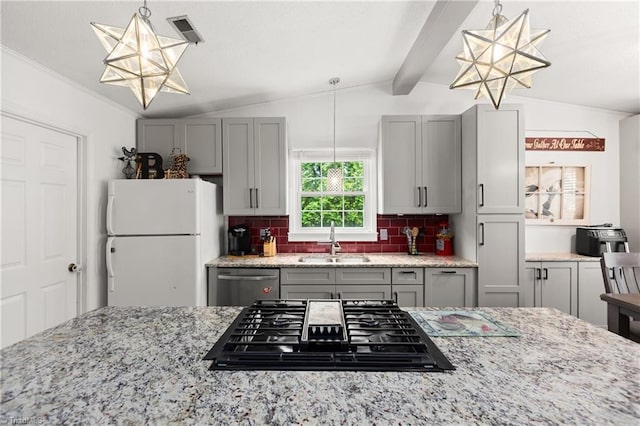 1118 Still Meadows Ln, King, NC 27021 - kitchen with freestanding refrigerator, dishwasher, a sink, stovetop, and gray cabinetry
