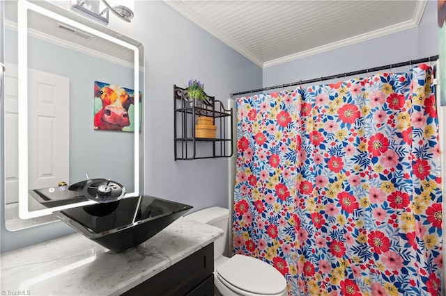 1118 Still Meadows Ln, King, NC 27021 - bathroom with vanity, toilet, ornamental molding, and a shower with shower curtain