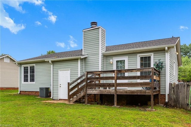 1118 Still Meadows Ln, King, NC 27021 - rear view of property with cooling unit, a deck, a chimney, and a shingled roof