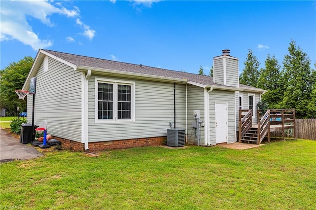1118 Still Meadows Ln, King, NC 27021 - rear view of property with a deck, a chimney, cooling unit, a yard, and crawl space