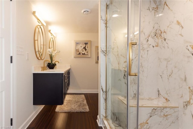 4166 Lytchfield Ct, Winston-Salem, NC 27104 - full bath with vanity, a marble finish shower, wood finished floors, and baseboards