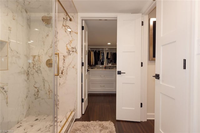 4166 Lytchfield Ct, Winston-Salem, NC 27104 - bathroom with a marble finish shower, wood finished floors, and a walk in closet