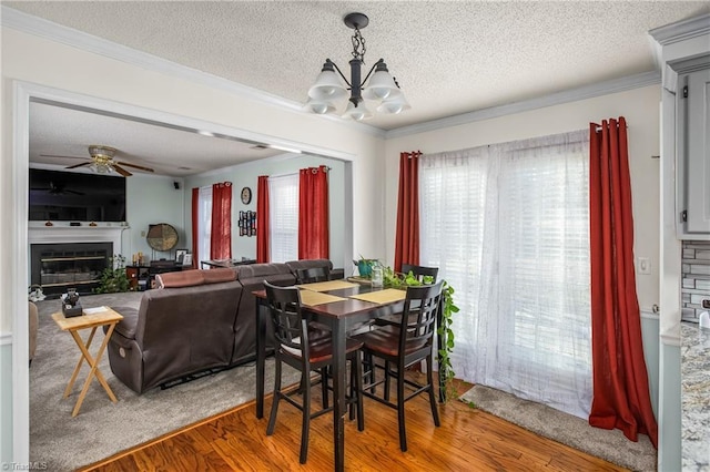 dining space featuring hardwood / wood-style floors, ceiling fan with notable chandelier, ornamental molding, and a textured ceiling