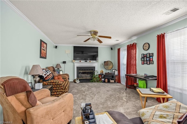 living room with ornamental molding, carpet flooring, and a wealth of natural light