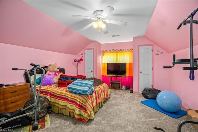 carpeted bedroom with ceiling fan and lofted ceiling