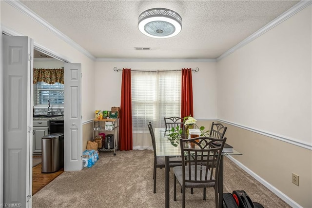 dining space with sink, ornamental molding, a textured ceiling, and carpet flooring