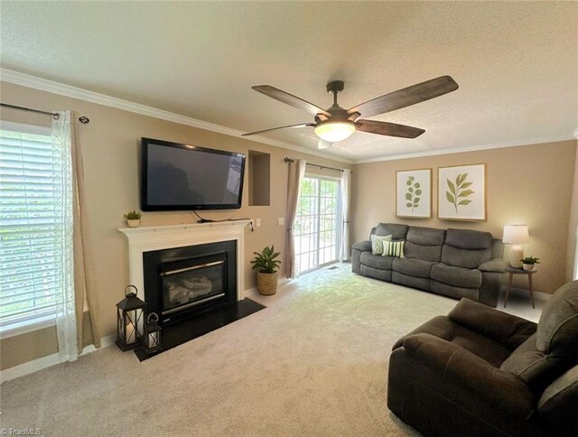 208 Mallard Creek Dr, Graham, NC 27253 - carpeted living room with ornamental molding, ceiling fan, a textured ceiling, and a fireplace with flush hearth