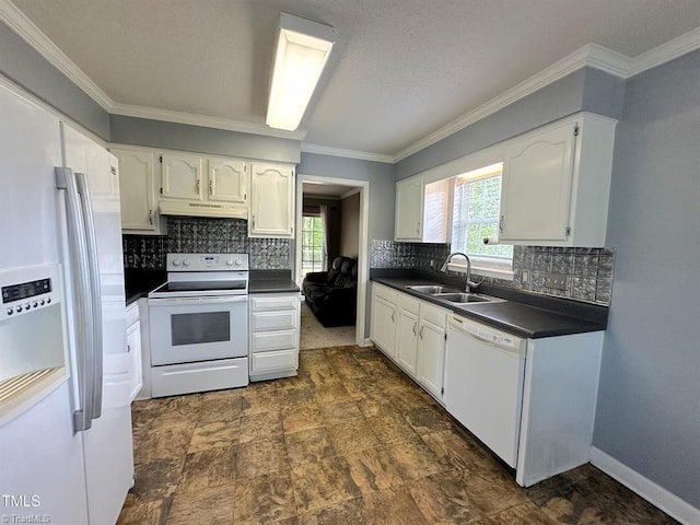208 Mallard Creek Dr, Graham, NC 27253 - kitchen featuring white cabinetry, a sink, dark countertops, ornamental molding, and white appliances