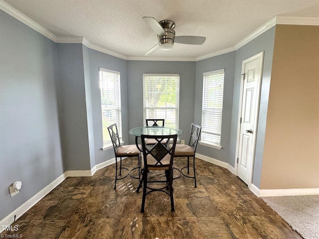 208 Mallard Creek Dr, Graham, NC 27253 - dining area featuring baseboards, a ceiling fan, a textured ceiling, and crown molding