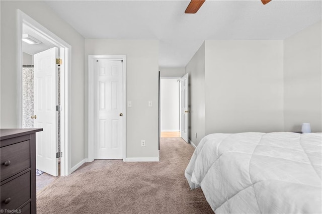 bedroom with light colored carpet and ceiling fan