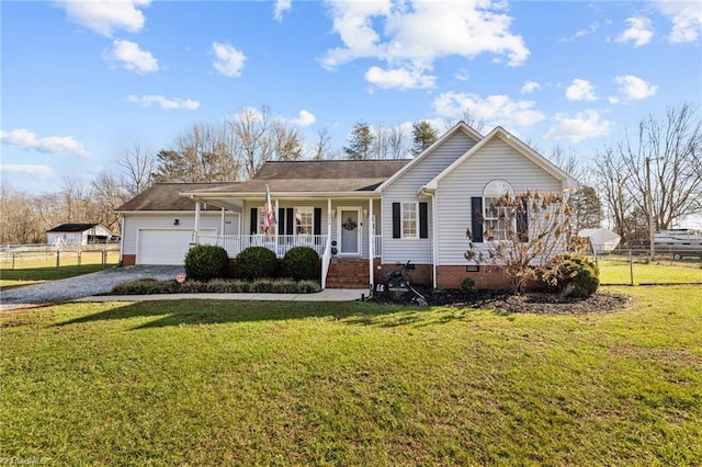 ranch-style house with a porch, a garage, and a front lawn