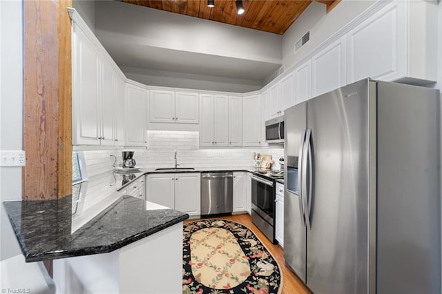 kitchen with a sink, backsplash, white cabinetry, appliances with stainless steel finishes, and a peninsula