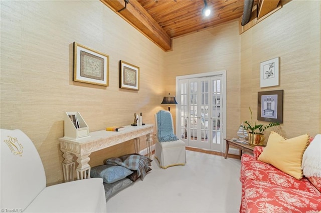 office area featuring beam ceiling and wooden ceiling