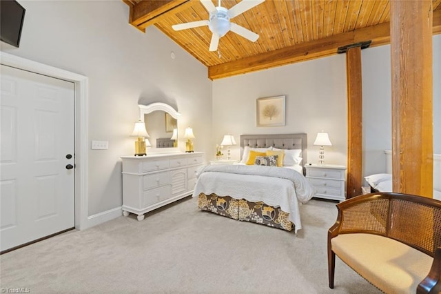 bedroom featuring baseboards, carpet floors, lofted ceiling with beams, ceiling fan, and wooden ceiling