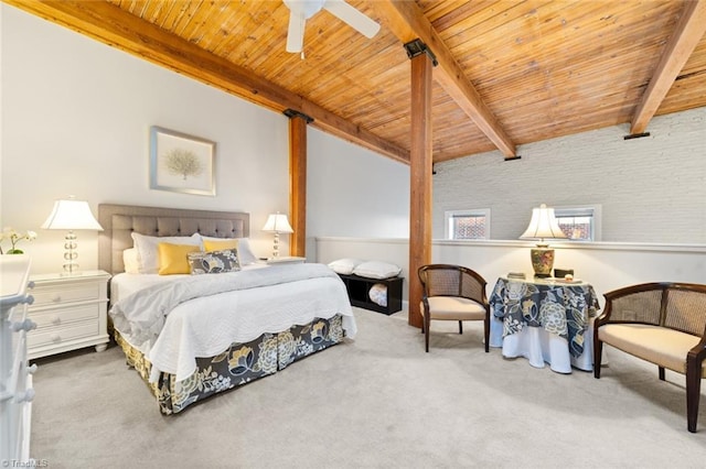 carpeted bedroom featuring wooden ceiling and beamed ceiling