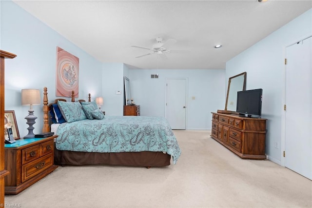 bedroom featuring visible vents, recessed lighting, baseboards, light colored carpet, and ceiling fan