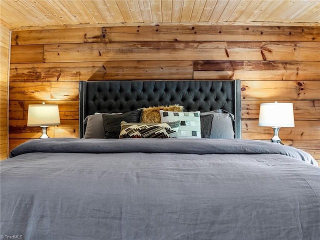 unfurnished bedroom featuring wooden walls and wood ceiling